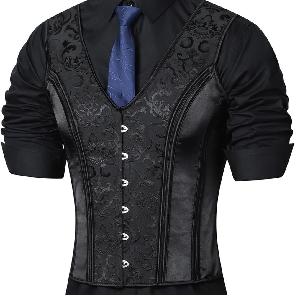 Vintage Men's Corset Vest with Lace-Up Back & Metal Buckles – Formal Attire